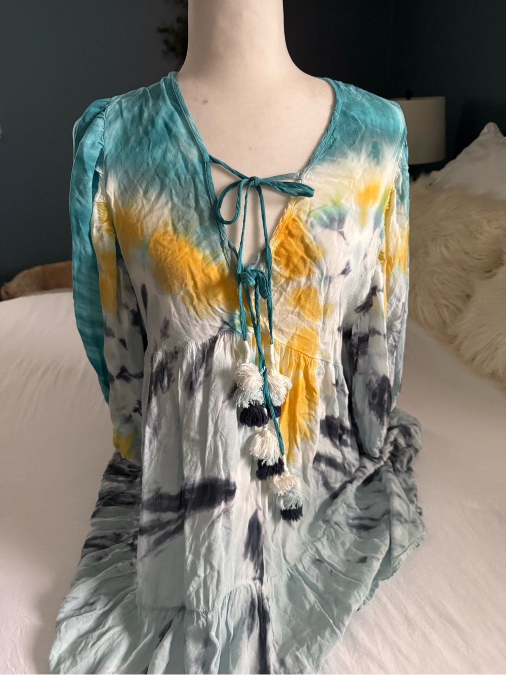 Young Fabulous & Broke Teal, Yellow & White Tie-Dye Tunic with Tassels